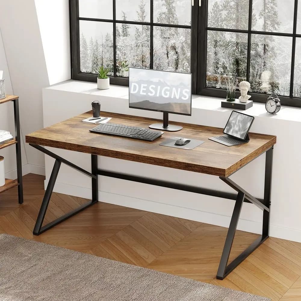 Scrivania Rustica Marrone, Tavolo da Computer Industriale per Ufficio Domestico, Scrivania in Metallo e Legno Stile Fattoria, Semplice Scrivania per Laptop da Camera da Letto