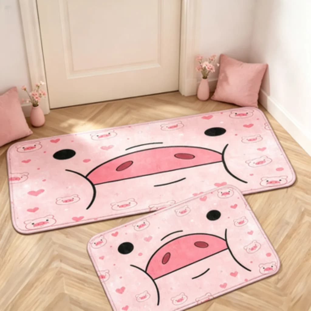 Pink Pig Face Runner, Japanese Onsen Green Plant Mat, Peach Tulip Floral Mat, Black Colorful Cat Paw Door Mat.