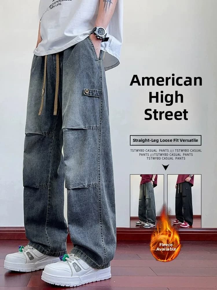 Jeans americani in denim pieghettato da uomo, autunno inverno, in pile spesso, taglie forti, caldi, a gamba dritta, pantaloni lunghi casual