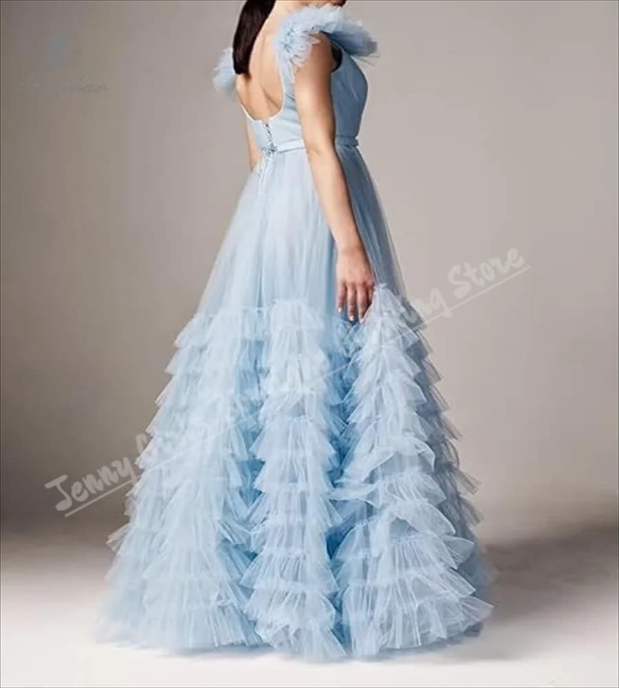 Abito da ragazza di fiore con scollo a V azzurro cielo Abito lungo da compleanno per prima comunione per bambini adatto per eventi di nozze e fotografie