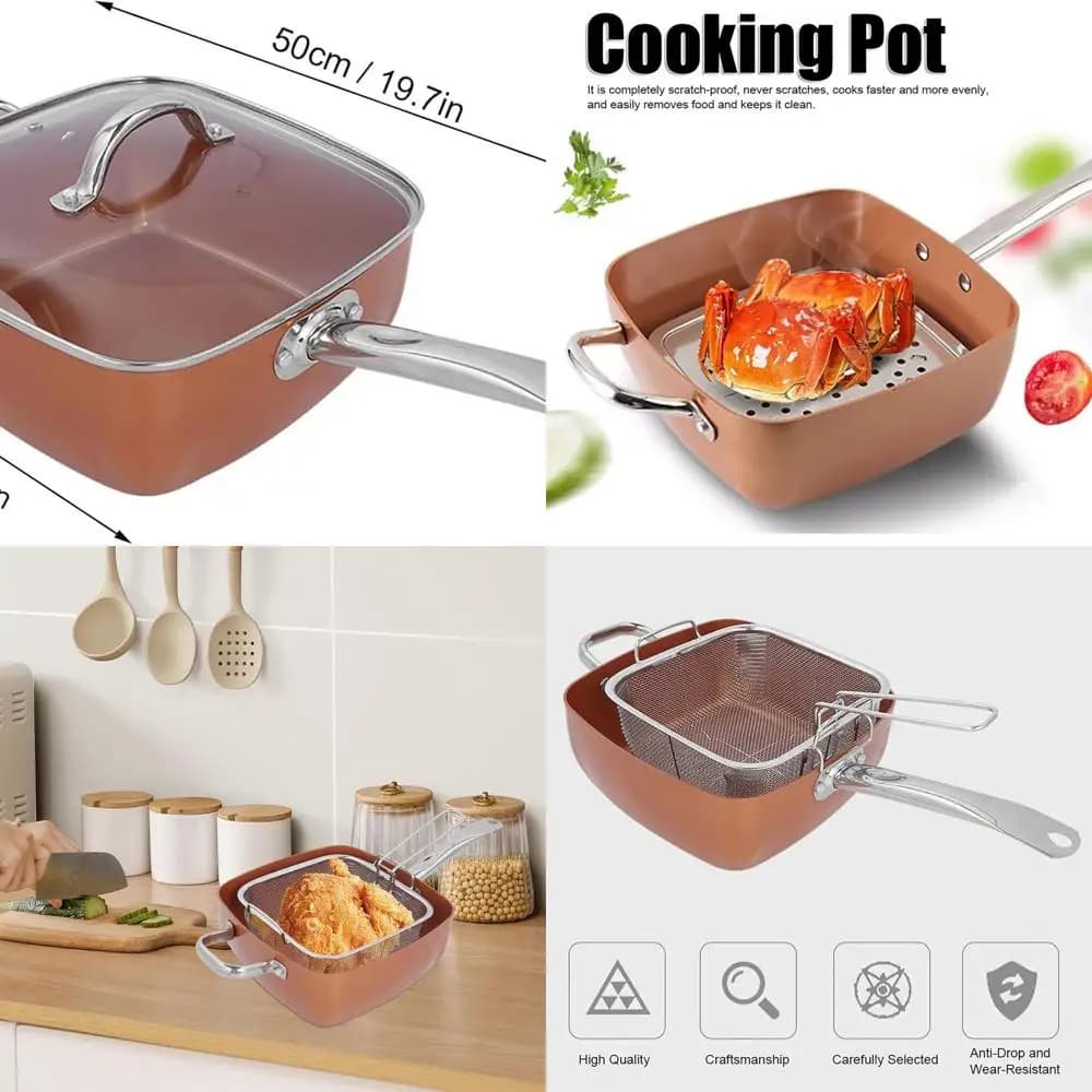 Set of 4-piece stainless steel non-stick pans with basket and lid, 25 cm wok for multipurpose cooking
