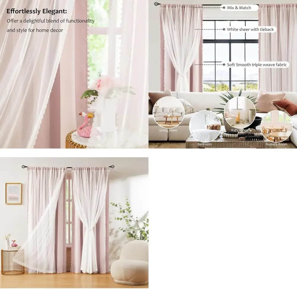 Thermal Insulating Double Layer Curtains with Overlay in Tulle with Pompon, 52x84 for Bedroom, Bedroom, Living Room