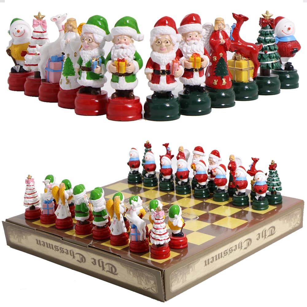 Resin Chess Set Christmas 3D Character Santa Angel Elk Snowman Cartoon Chess Pieces Leather Chessboard Tabletop Christmas Gift