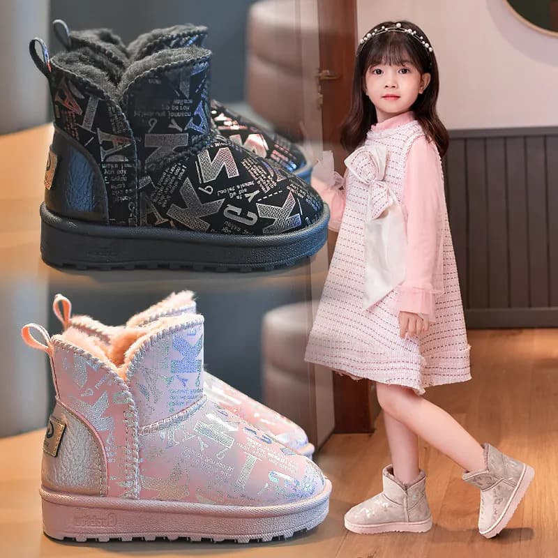 2025 New Winter Waterproof Warm Rubber Sole Plush Children's Boots Ankle Snow Boots Slip-on Cotton Trendy Furry Pu Casual Shoes