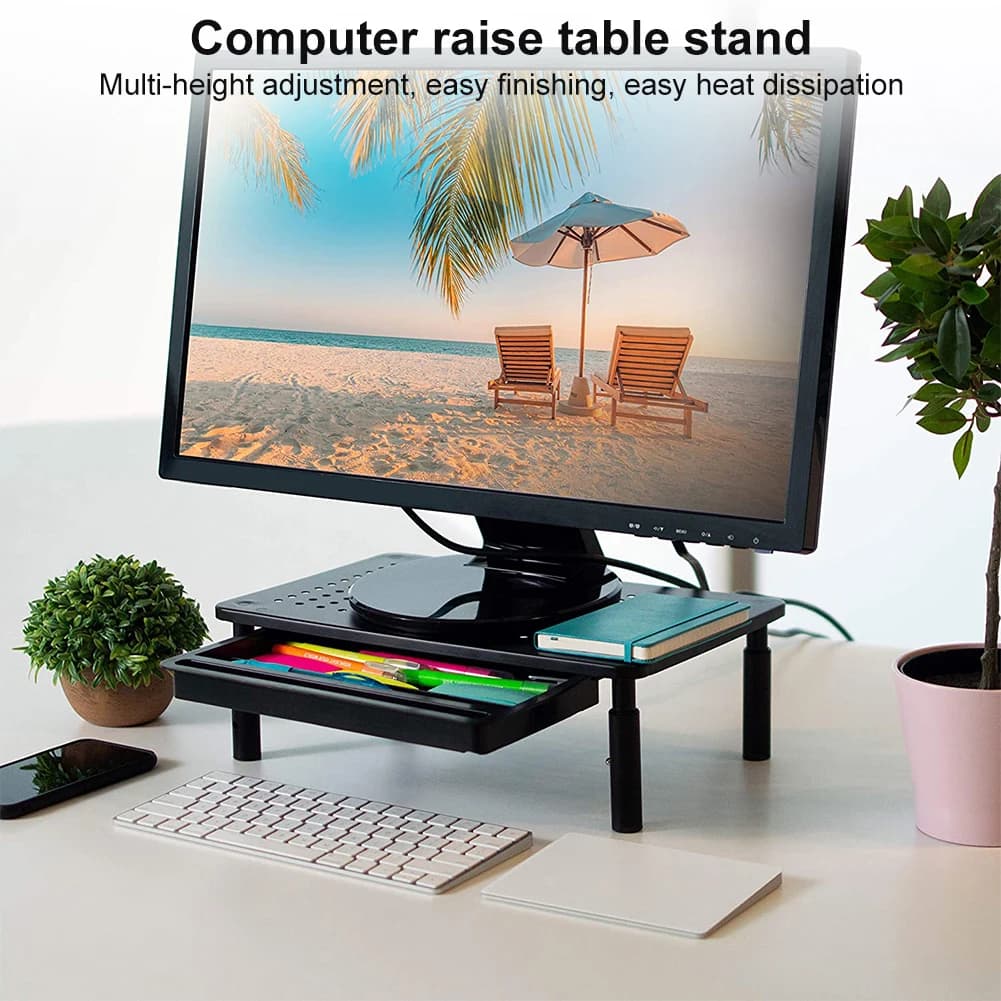 Supporto per Monitor con Cassetto, Regolabile in 3 Altezze, Ripiano per Computer e Stampante, per Laptop e PC