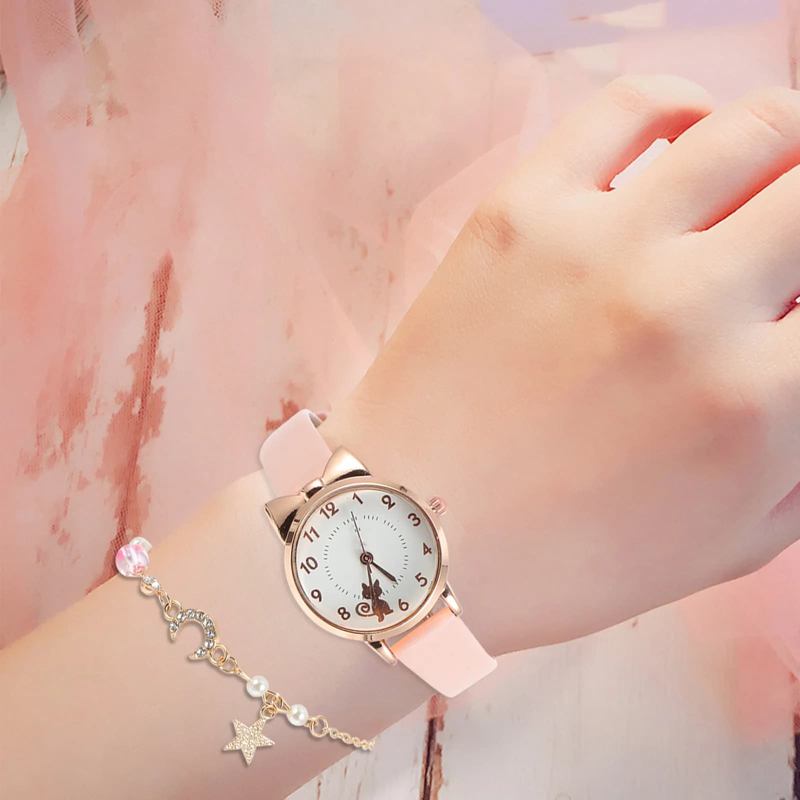Set di 1 Orologio al Quarzo con Bracciale a Tema Gatto, Set Regalo Casual con Luna e Stelle per Donne, Bracciale per Donne, Orologi al Quarzo per Uomini