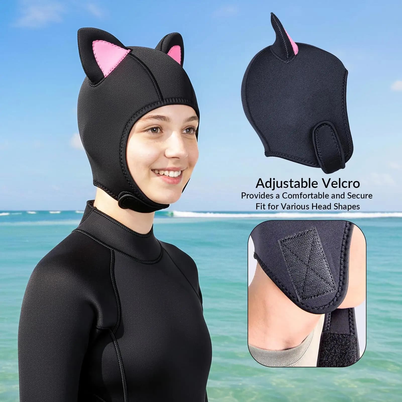 Neoprene Swim Cap Adjustable, Thermal, with Cat Earrings, for Snorkeling, Surfing, Sailing, Kayaking and Water Sports