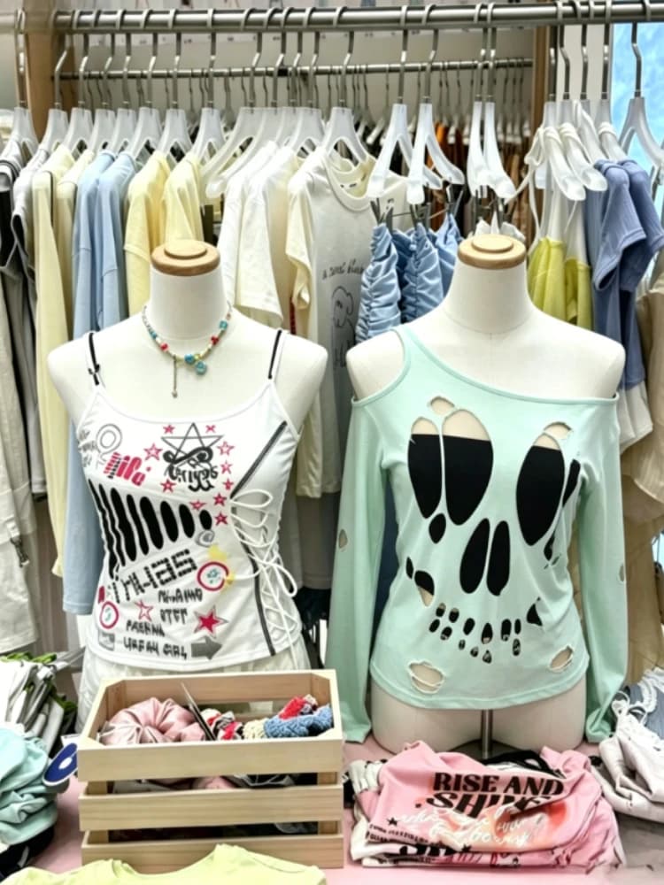 2026 Ladies Y2k Grunge Tops Street Style Skew Neck Hollow Skull Graphic Cropped Strapless Sleeveless Sexy Vest Shirts