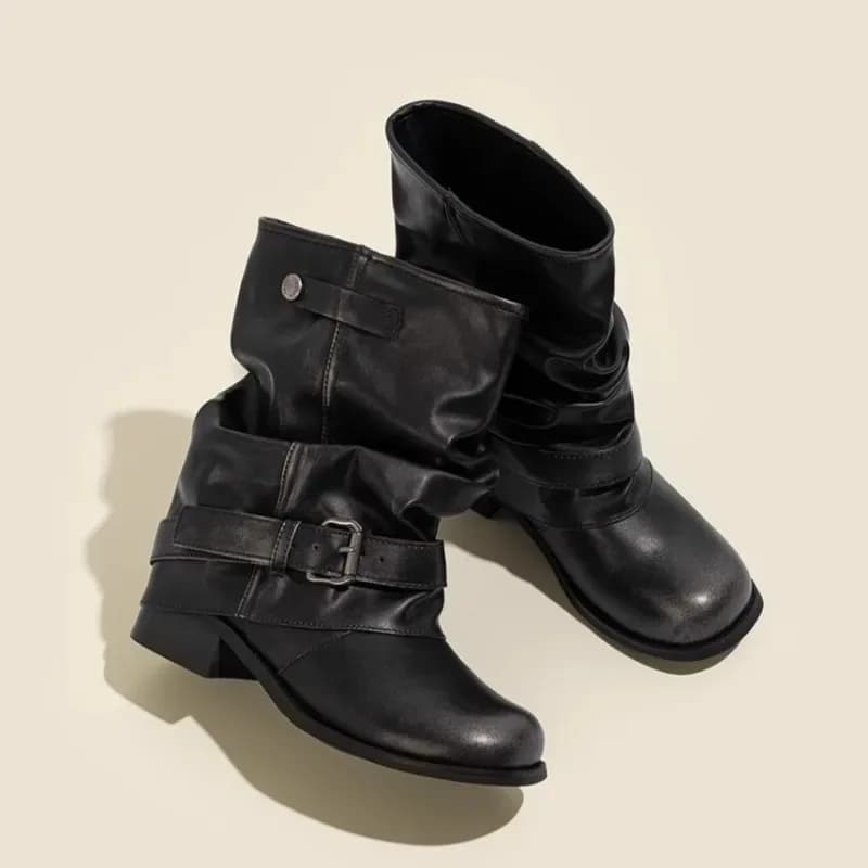 Stivali da Cowboy da Donna alla Moda, Nuovi Stivaletti Autunnali con Punta Tonda, Fibbia in Metallo e Tacco a Zeppa Plissettato