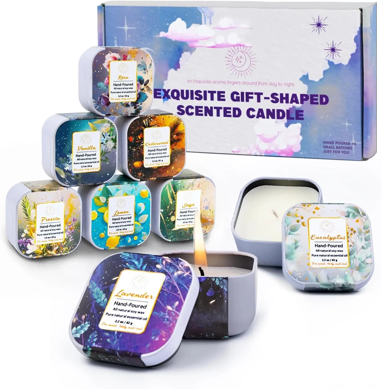 Set of 8 Organic Flavored Candles, Fusa Soy Cera in Mano, Natural Fragrance for Home Furniture and Relaxation