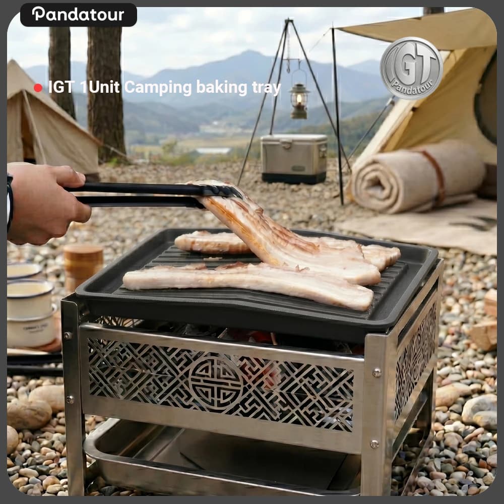 Piastra in ghisa Pandatour Camping IGT 1 Unit con ritenzione del calore e segni di griglia, installazione rapida in un secondo per barbecue e picnic