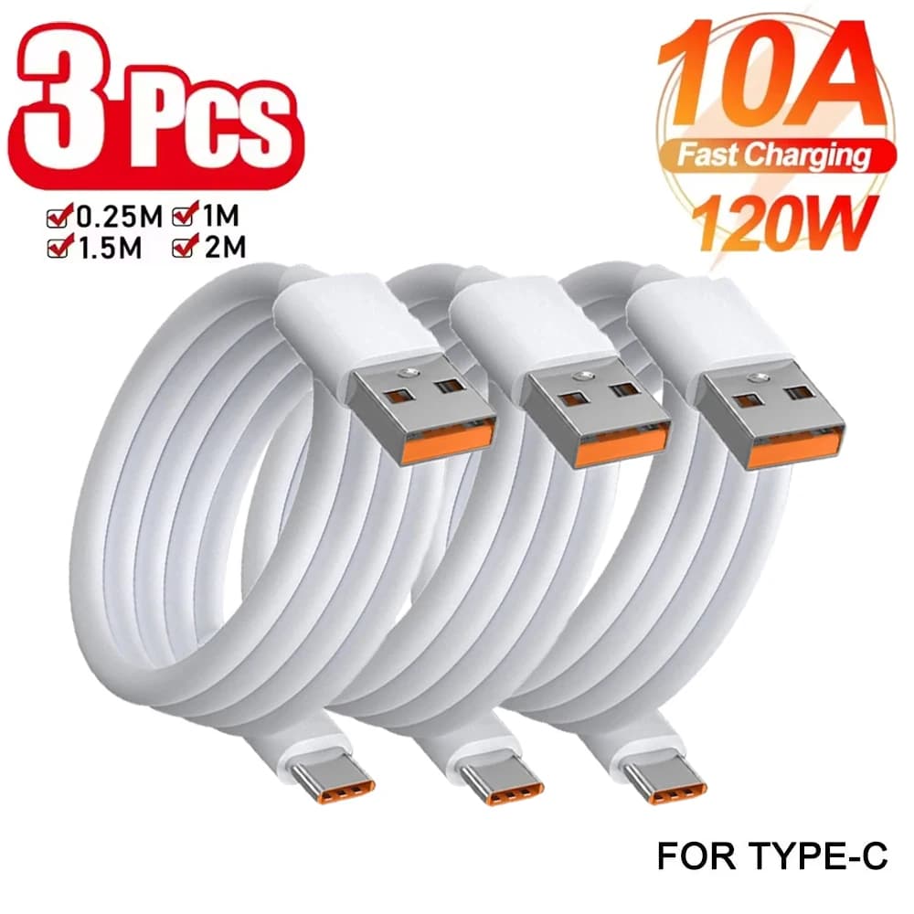 Cavo universale da USB a tipo C da 3 pezzi 120W 10A Caricatore rapido Tipo-C Cavo di ricarica rapida Cavo dati USB C per iPhone Samsung Xiaomi