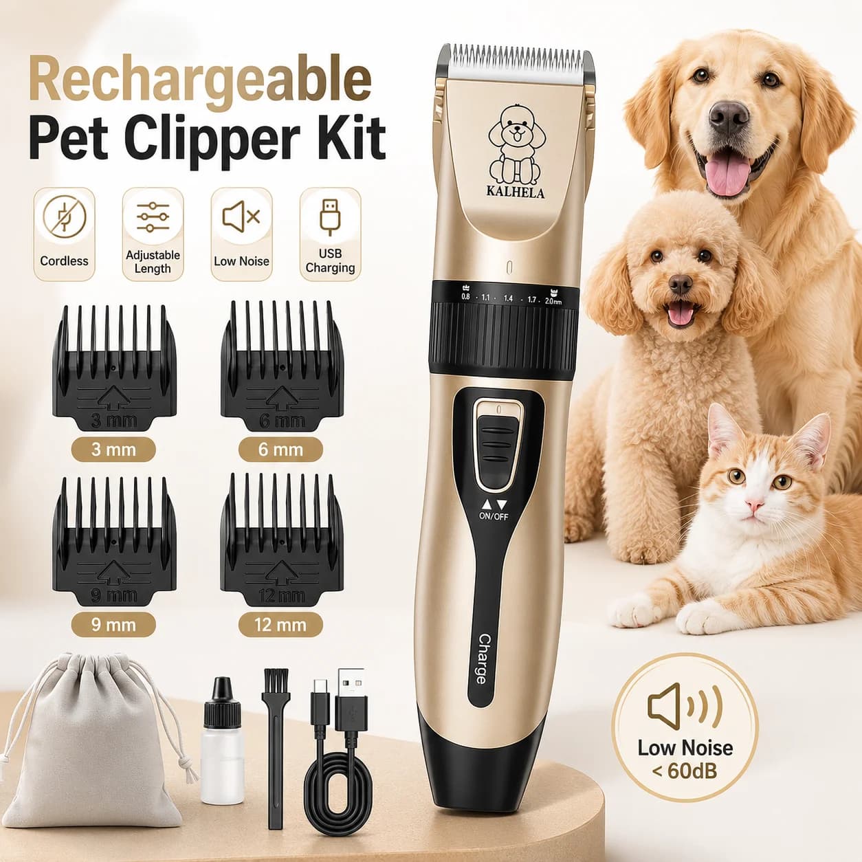 Professional Pet Grooming Clipper Kit Rechargeable Dog Cat Hair Trimmer Electric Pet Hair Cutting Machine with Ceramic Blade USB Charging Low Noise Adjustable Guide Combs for Dogs Cats and Small Animals Home Grooming Use