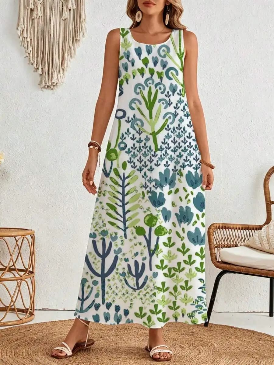 Abito Lungo Senza Maniche Bianco Blu Verde con Stampa Floreale Stile Boho per l'Estate e la Spiaggia