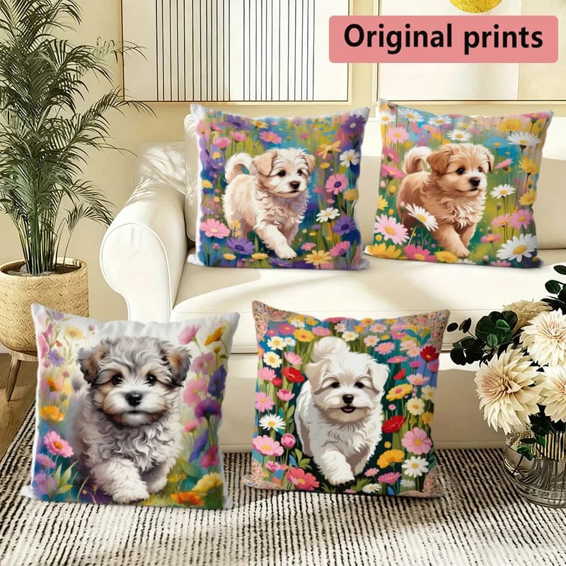 Floral Puppy Print Throw Pillow Covers Pattern Cushion Cover Suitable For Sofa Bedroom Car Pillow Cover