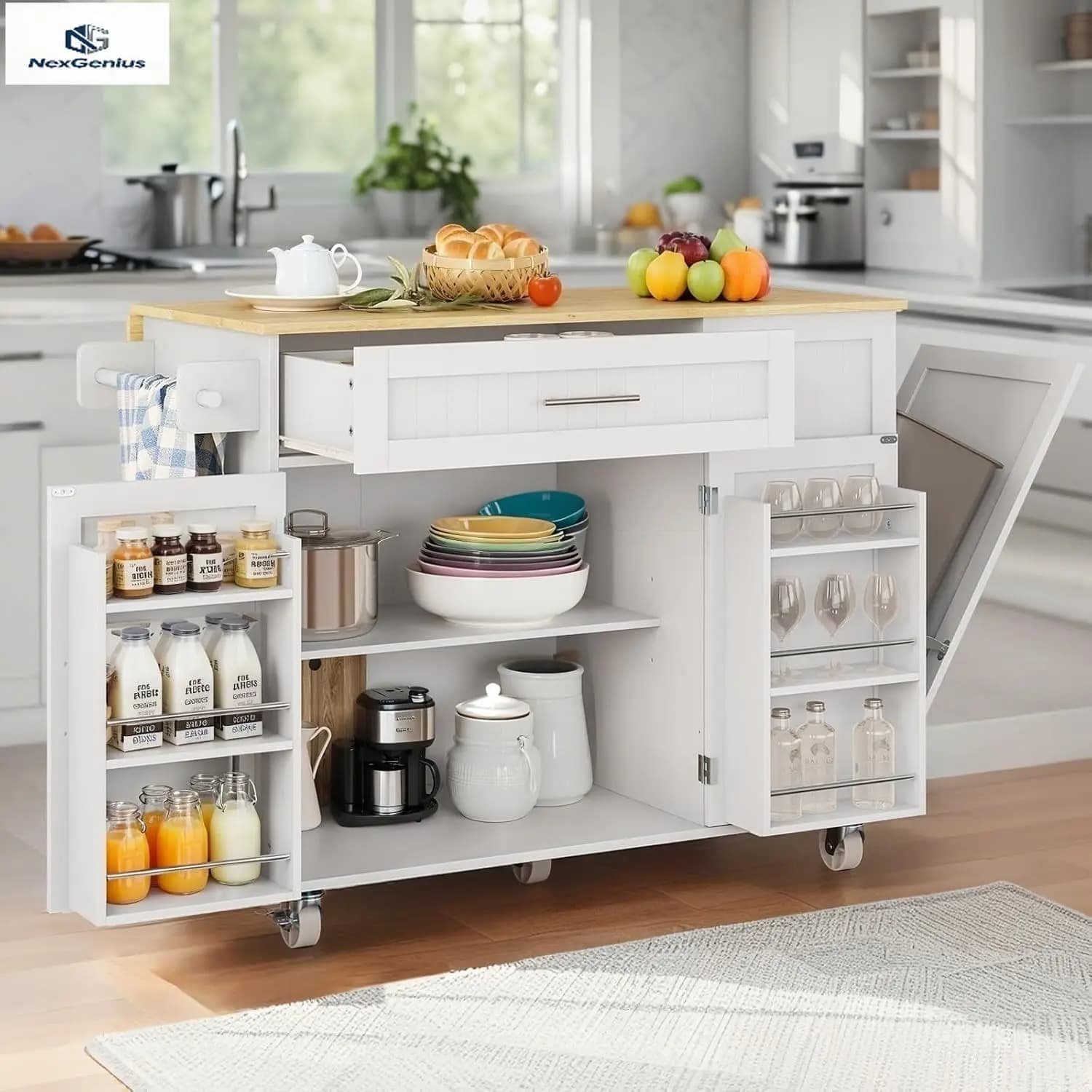 Carrello da Cucina con Isola, Piano Allargato in Legno di Gomma, Ripiano a Scomparsa, Contenitore per Rifiuti, Portasciugamani, Ruote, per Interni ed Esterni