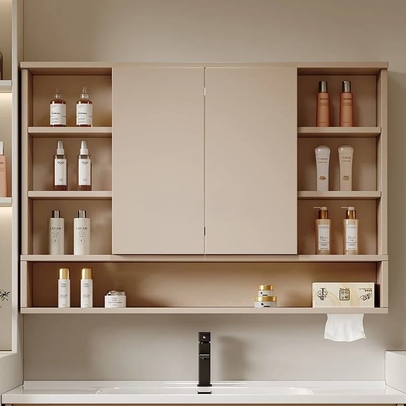 Bathroom cream style multi-layer solid wood wall-mounted with open grid individual mirror cabinet folding intelligent hidden