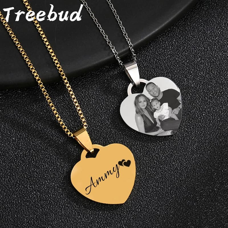 Treebud custom name necklace with stainless steel photo for lovers' family with laser engraved letters, jewelry gifts with heart shaped pendant