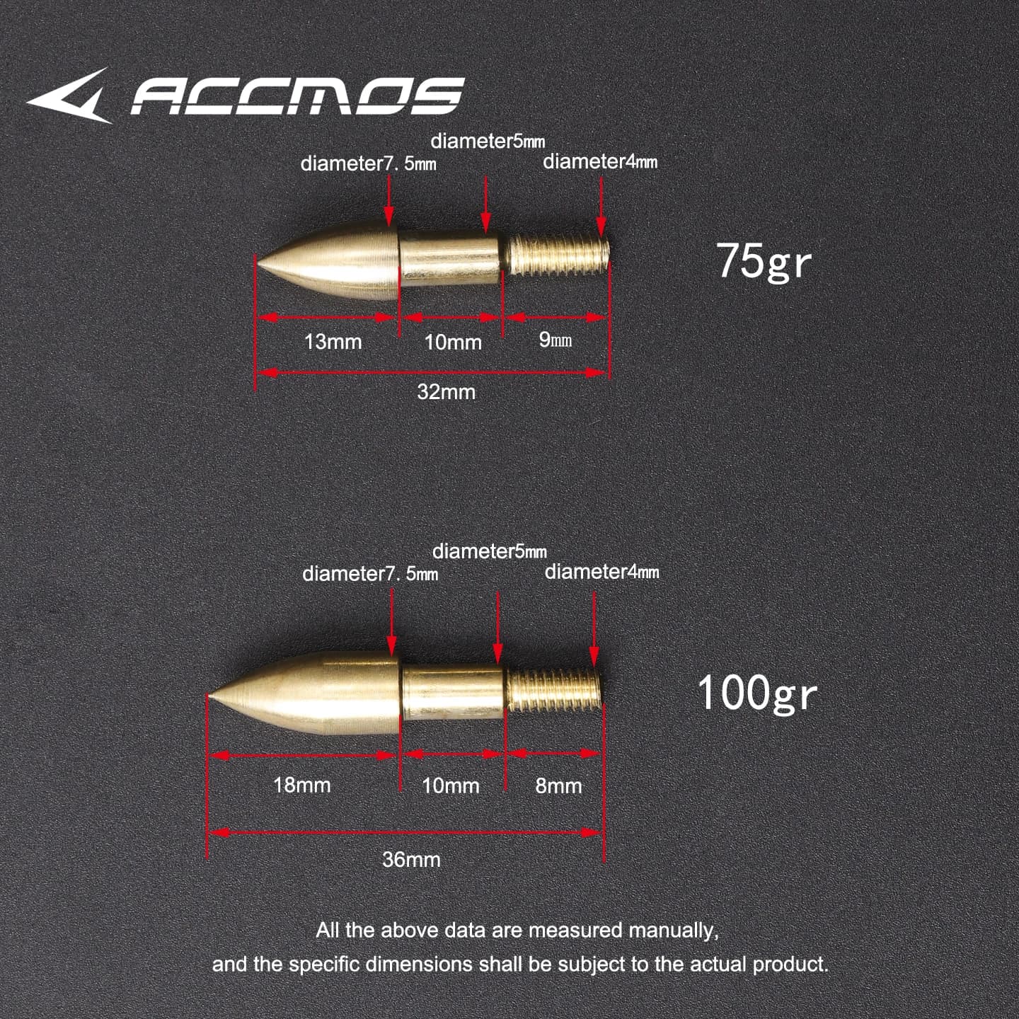 Punte di Freccia a Forma di Proiettile in Oro da 75/100 Grani, Punte Sostituibili per Tiro con l'Arco, Accessori per Tiro ID6.2mm, 12/30/50/100 Pezzi