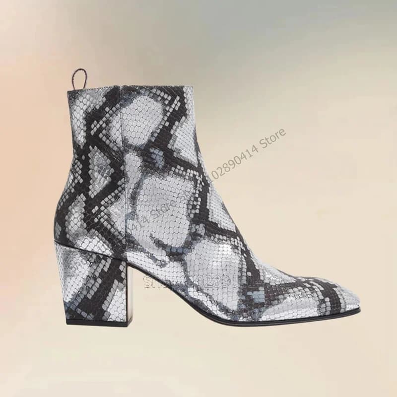 Stivaletti con stampa in pelle di serpente grigia nera Stivali da uomo con cerniera laterale alla moda Scarpe casual da uomo con tacco alto grosso fatte a mano di lusso