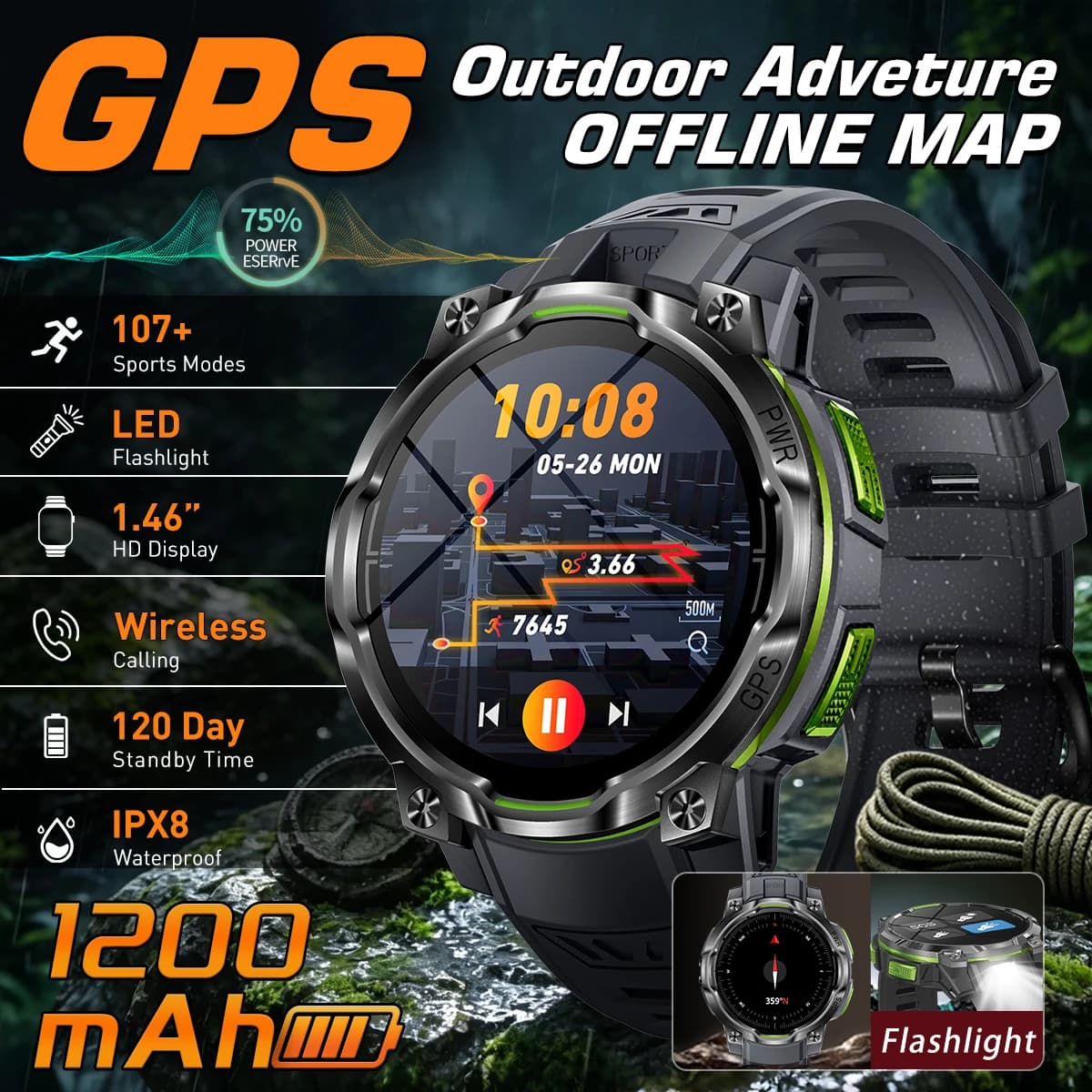 LIGE Built-in GPS Offline Map Smart Watch BT Call 1200mAh Compass Flashlight IPX8 Swim Waterproof Men Sports Military Smartwatch