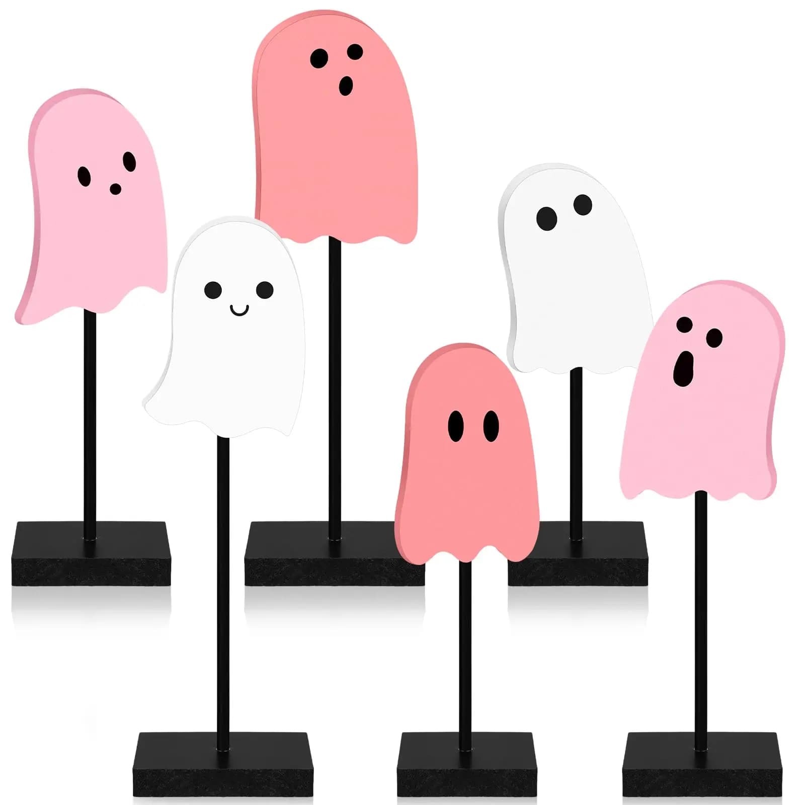 6 Pcs Halloween Farmhouse Ghost Table Decor Halloween Pink Cute Ghost Tiered Tray Decorations Pink White Boo Table Centerpiece Distressed Block Wood Sign for Home Desk Office Party Decor