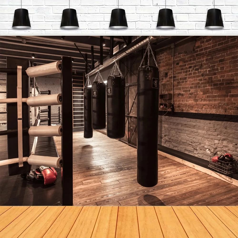 Photo background Gym Lifting weights Boxing bag Brick wall Exercise Fitness healthy Puntelli Gym Poster Background