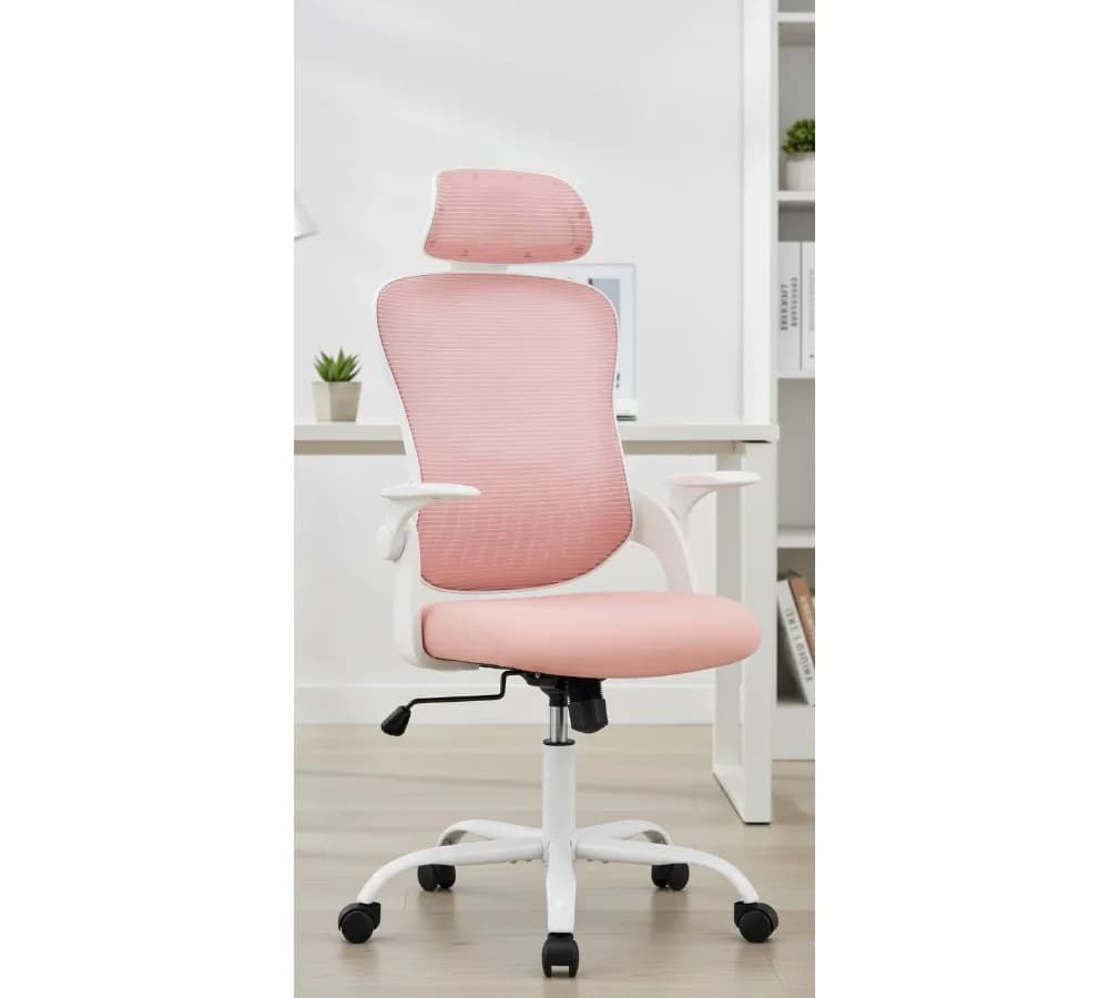Sedia da ufficio ergonomica con supporto lombare regolabile, braccioli ribaltabili, sedia da lavoro in rete con schienale alto per giochi in ufficio a casa, rosa