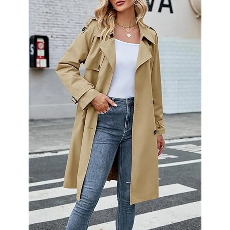 Women's Long Coat with Double Petto, Classic with V-neck and Long Sleeves, Anti-wind with Belt