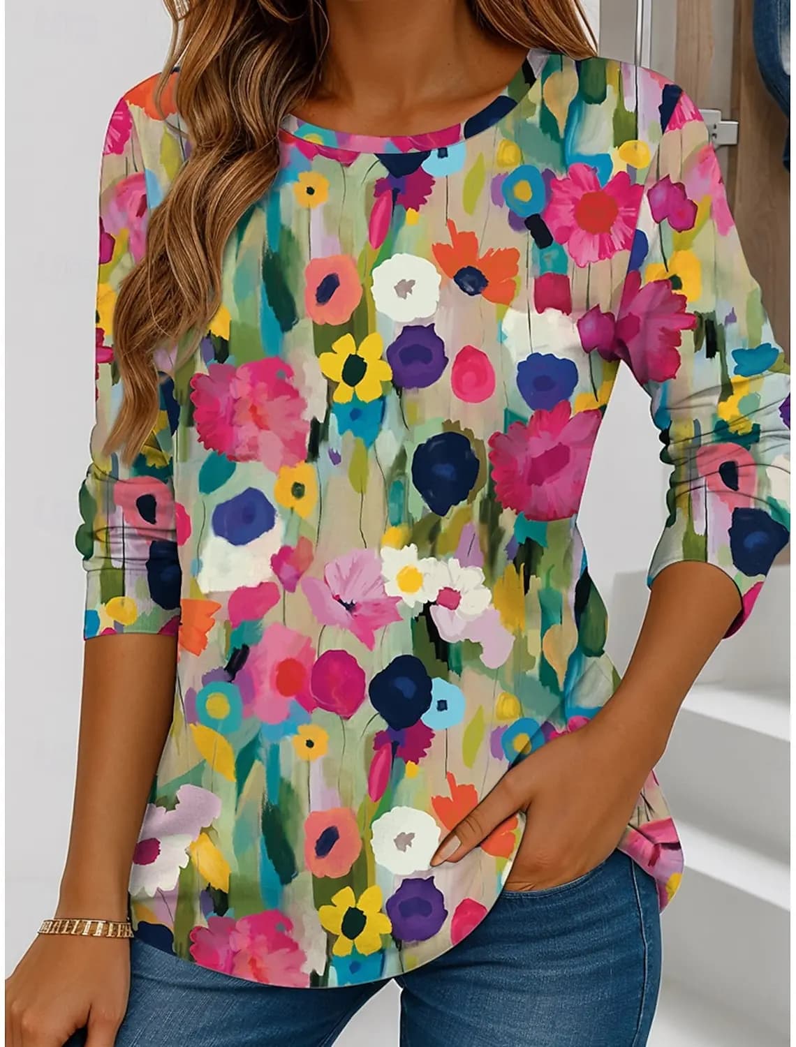 T-shirt a maniche lunghe girocollo elegante con grafica floreale da donna moda estiva Y2K Top casual Abbigliamento donna Pullover Harajuku