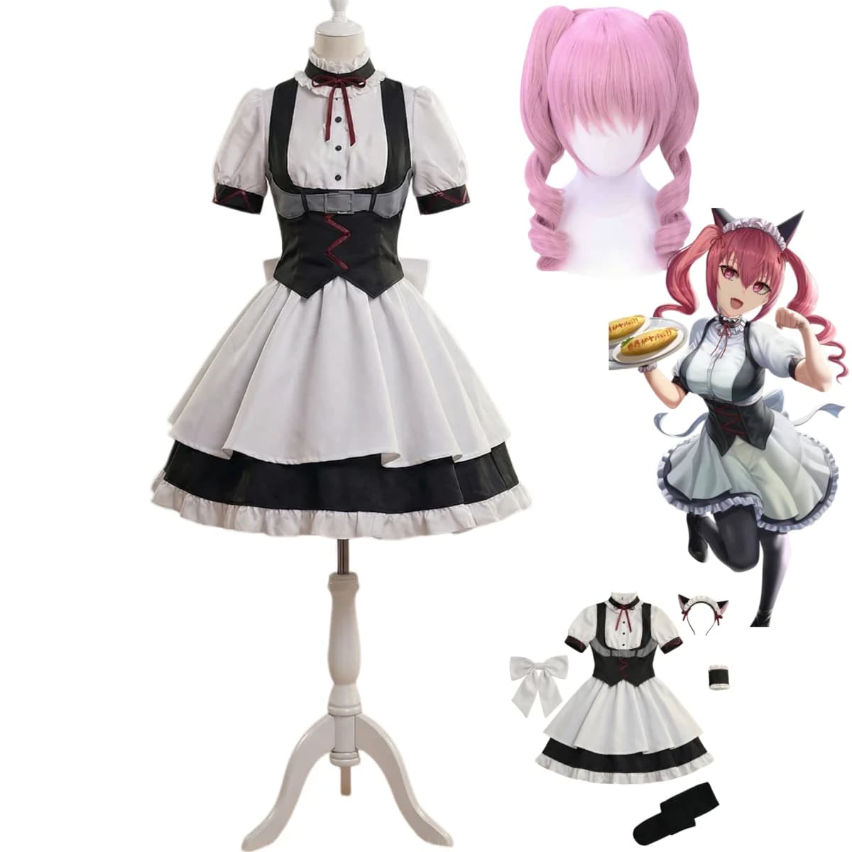 Costume Cosplay del Gioco Steins Gate, Abito da Cameriera di Akiha Rumiho Faris Nyan-Nyan, Gonna Lolita, Parrucca Rosa, Vestito Carino per Festa di Compleanno