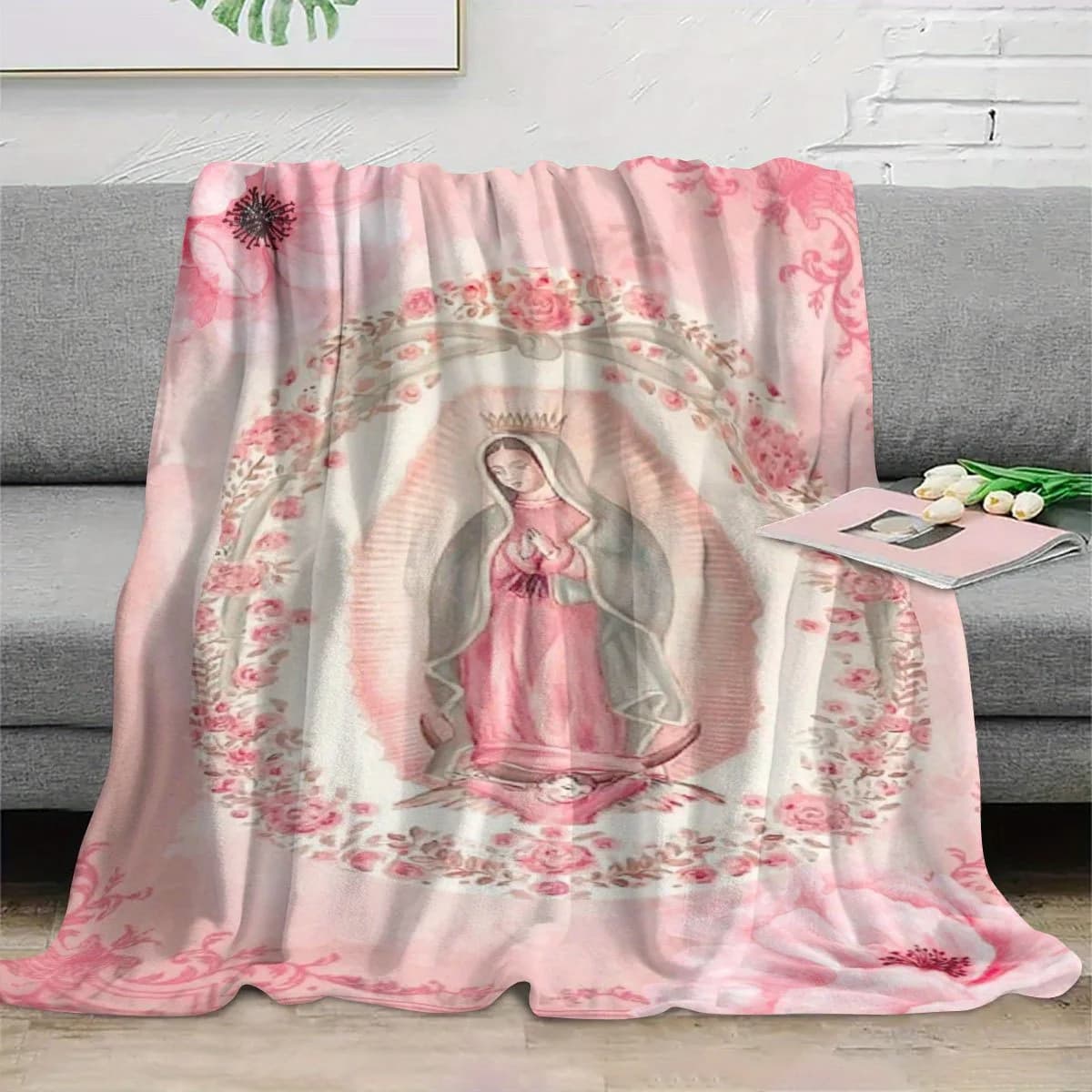 Coperta in flanella con stampa Vergine Maria rosa: morbida e calda stampa digitale, per tutte le stagioni per divano, biancheria da letto, viaggi, campeggio, ufficio