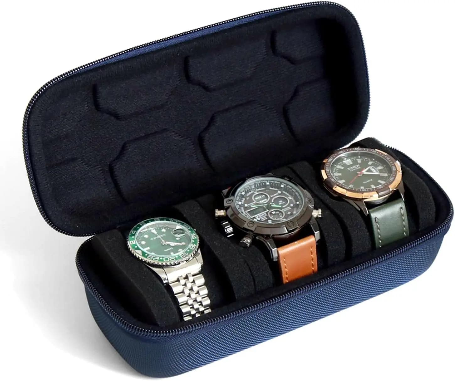 3-Slot Watch Travel Case for Men Women, Portable Hard Shell Storage for Wristwatches & Smart Watches up to 61mm