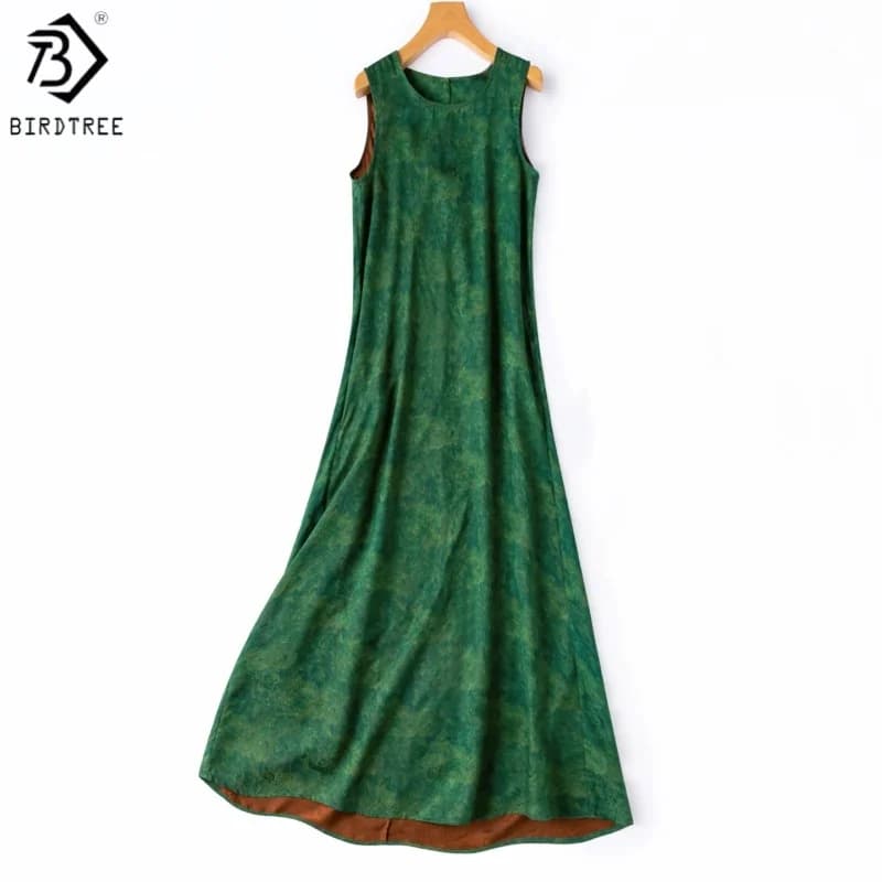 BirdTree, 100% Silk Jacquard Dress, Sleeveless O-neck, Tie-dye, Women Floral Luo Xiangyunsha Dresses, 2026 Summer New D67321JF