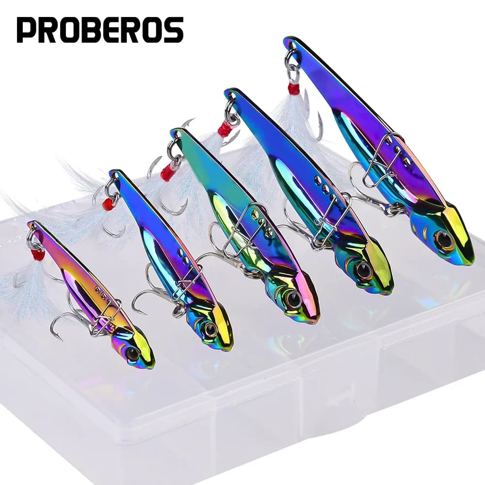 PROBEROS 5 pz Metallo VIB Esche Da Pesca 5g-20g Realistici Occhi 3D Radium Rivestimento Vibrazione Affondamento Esca con Ganci per Bass Pike