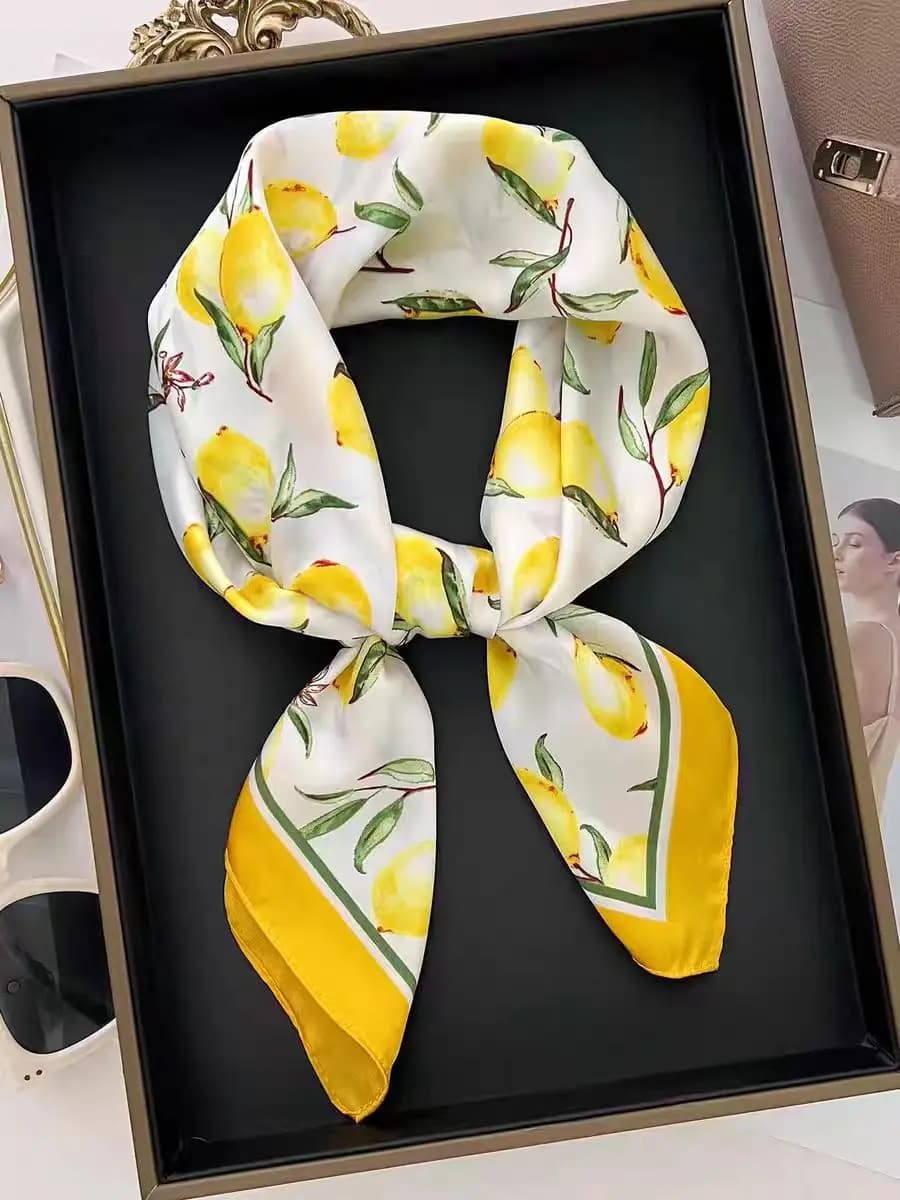 Sciarpa in Finta Seta con Stampa Limoni per Donna, Leggera e Fresca, Quadrata, per Vacanze, Ufficio, Collo, Testa, Decorazione Borsa