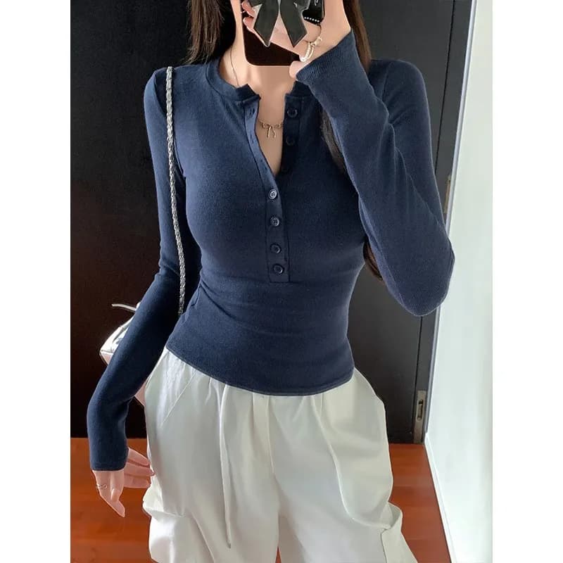 Longsleeve T Shirt Button Front Top T Shirts Slim Fit Round Neck Black Long Sleeve T Shirt Ribbed Knit Navy Blue Fitted T Shirt