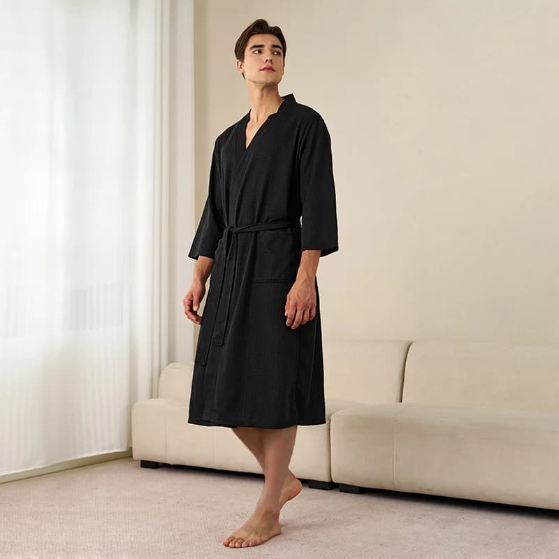 Waffle Fabric Bathrobe Minimalist Nordic Style Minimalist Spa Bathrobe with Belt Multicolor Large Homewear for Men and Women