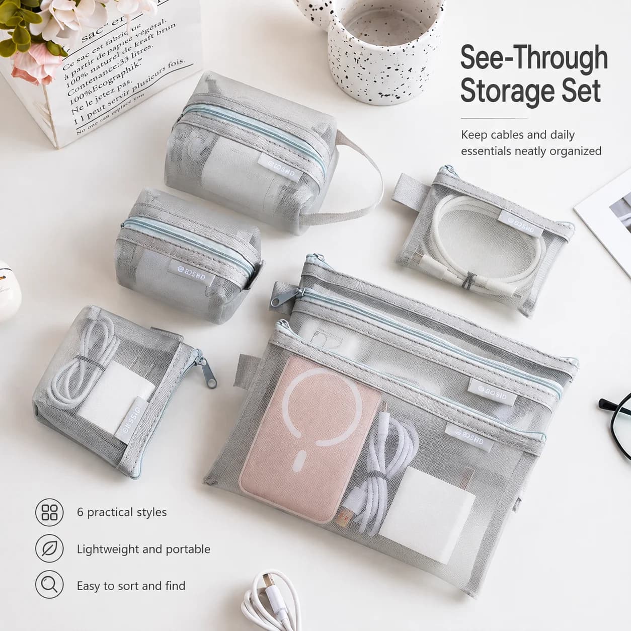 1/6PCS Mesh Zipper Storage Bags Travel Cable Organizer Pouch Electronics Accessories Coin Purse Makeup Bag Portable Gray Case