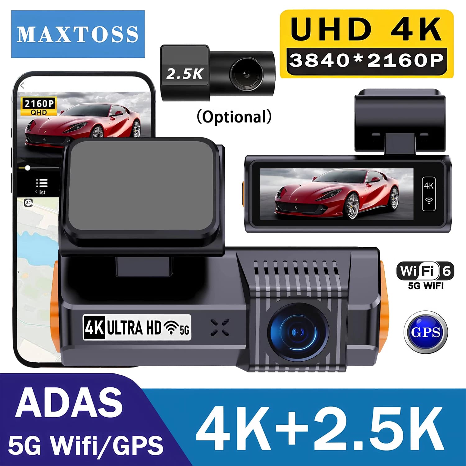 Dash Cam ADAS 4K 3840*2160P con WiFi 5G e GPS, Registratore Video DVR Anteriore 4K e Posteriore 2.5K, Visione Notturna 24H, Telecamera per Auto, Scatola Nera