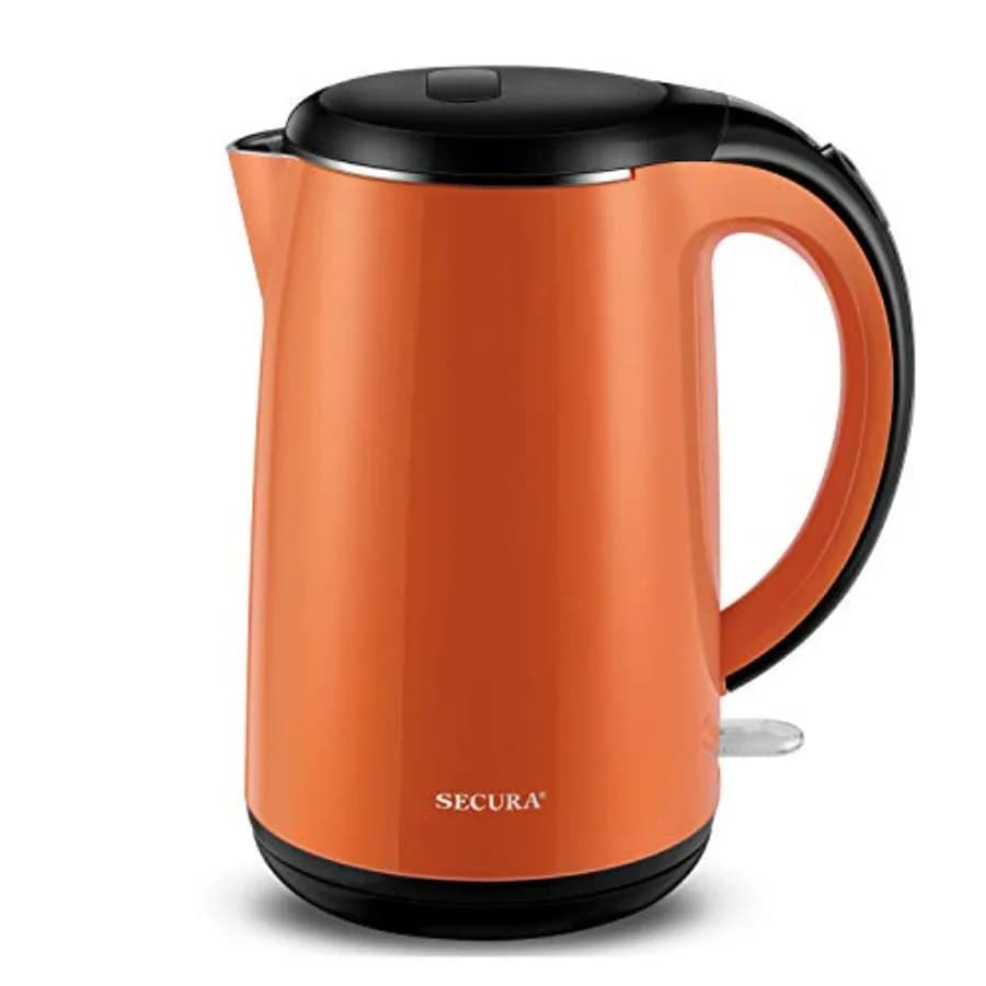Stainless Steel Electric Kettle Orange Double Wall 1.8 Liters with Automatic Shutdown and Protection Against Dry Cleaning for Home Use in Kitchen