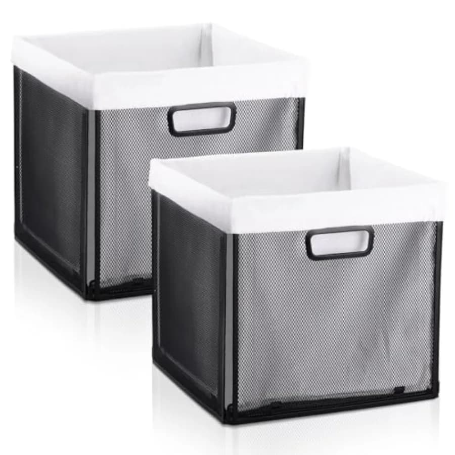 Set di 2 Cesti Contenitori Pieghevoli in Metallo con Rivestimenti, 13x13 Pollici, Organizzatori a Cubo in Filo Metallico con Manici per Scaffali