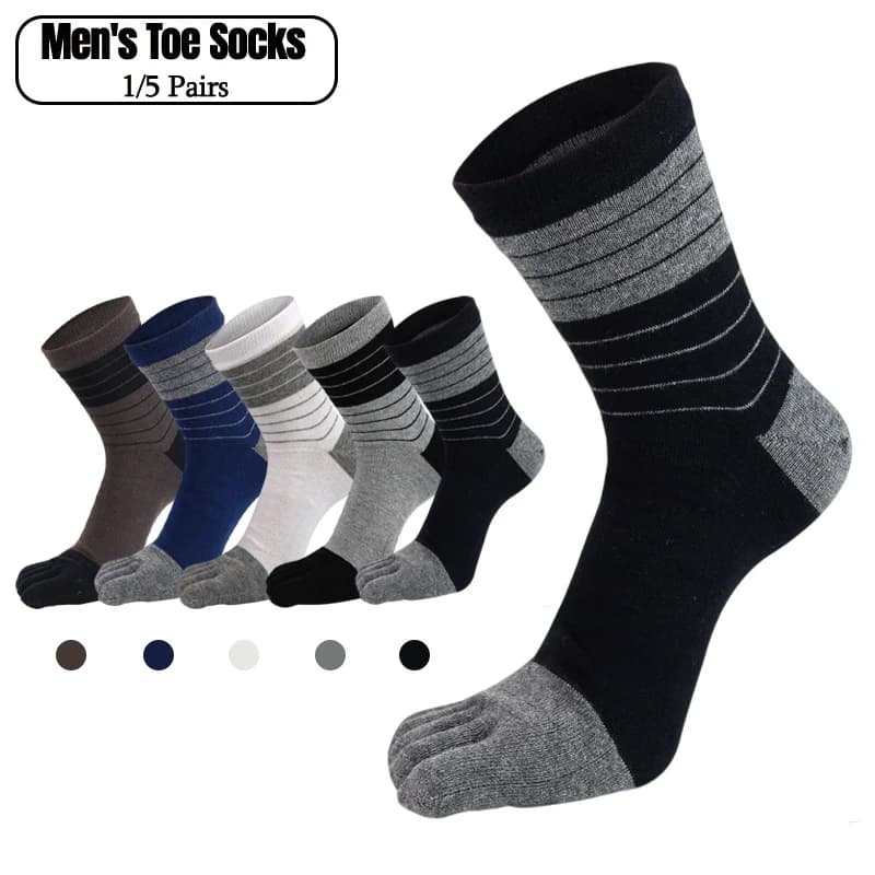 5 Pairs Men Five Finger Toe Socks Striped Color Block Cotton Mid Calf Socks Breathable Sweat Wicking Anti Odor Separate Toe Sock