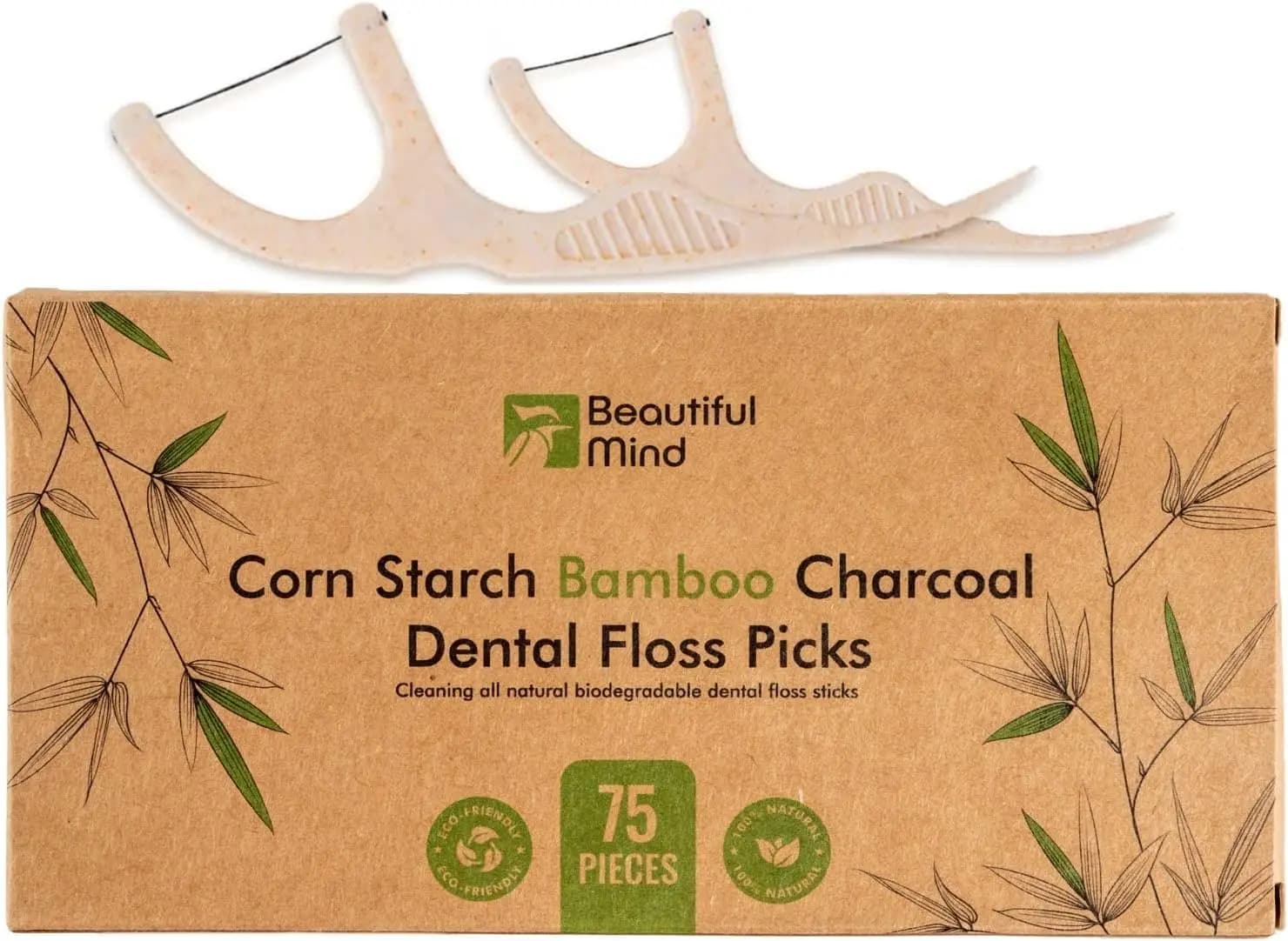Natural Dental Floss Picks 75 Pack - Biodegradable Bamboo Charcoal Floss Sticks, Vegan Cornstarch Handle, Eco-Friendly, No Plastic, Kraft Box