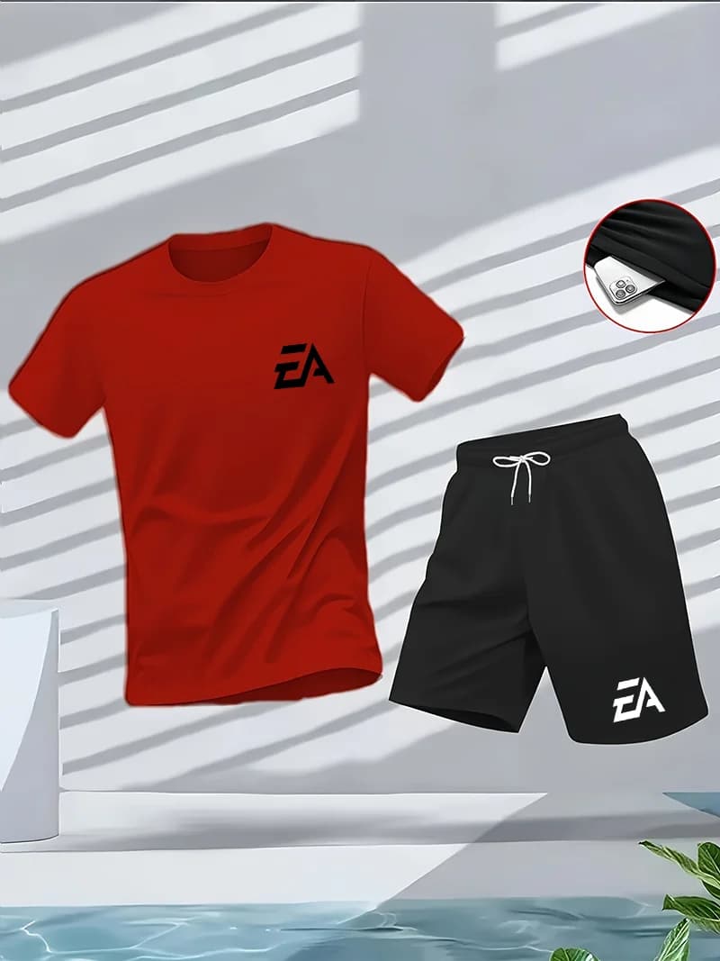 Men's summer sports suit round neck short sleeved T-shirt five quarter shorts slim fit fashion two-piece set men's clothing