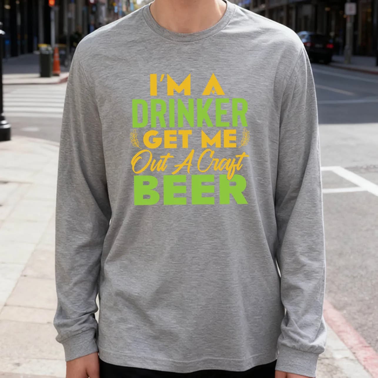 Men's Long Sleeved I'M T-shirt at Drinker 180 g 100% cotton printed casual crew neck to wear every day soft and breathable
