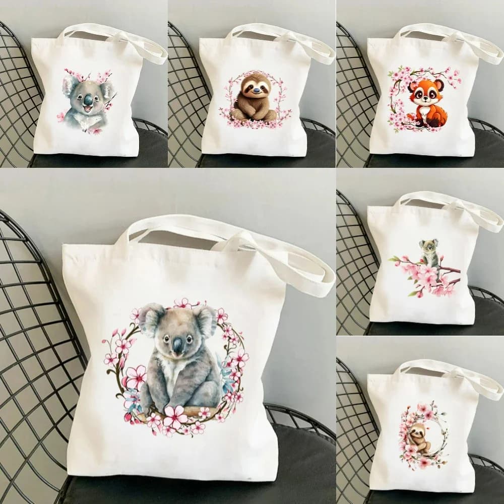 Borsa tote in tela con stampa Koala Cherry Blossom, ecologica, riutilizzabile, spaziosa, per la scuola, viaggi, yoga, uso quotidiano