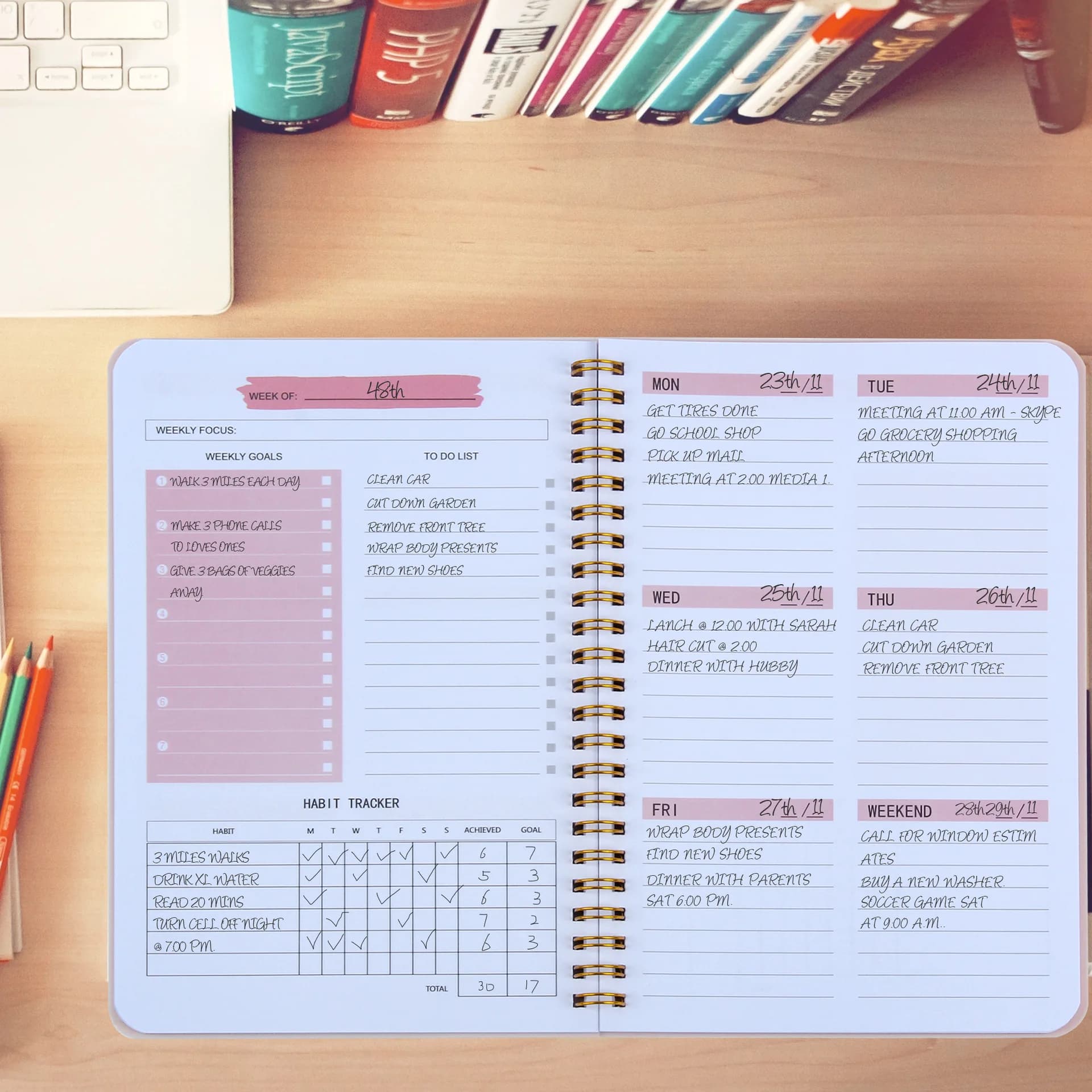 Agenda Planner A5 2024, Diario Settimanale, Quaderno per Obiettivi e Abitudini, Pianificatore per Scuola e Ufficio