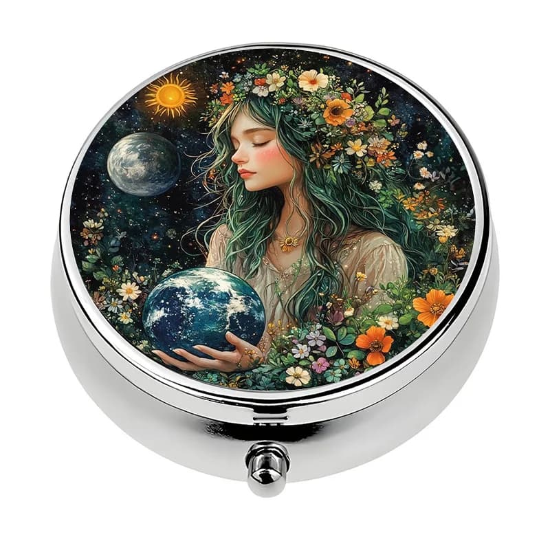 1 portable storage box with 3 compartments – floral Mother Earth design, compact and portable, suitable for carrying vitamins, health supplements, and medication while traveling – durable plastic and metal construction – suitable for women, nature lovers, and travelers – elegant floral pattern