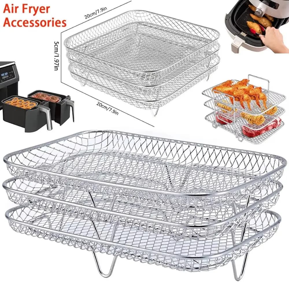 1Pc Air Fryer Rack Stackable Grilling Rack Stainless Steel Grill Basket Non-Stick Airfryer Tray Wire Rack Basket Kitchen Gadgets